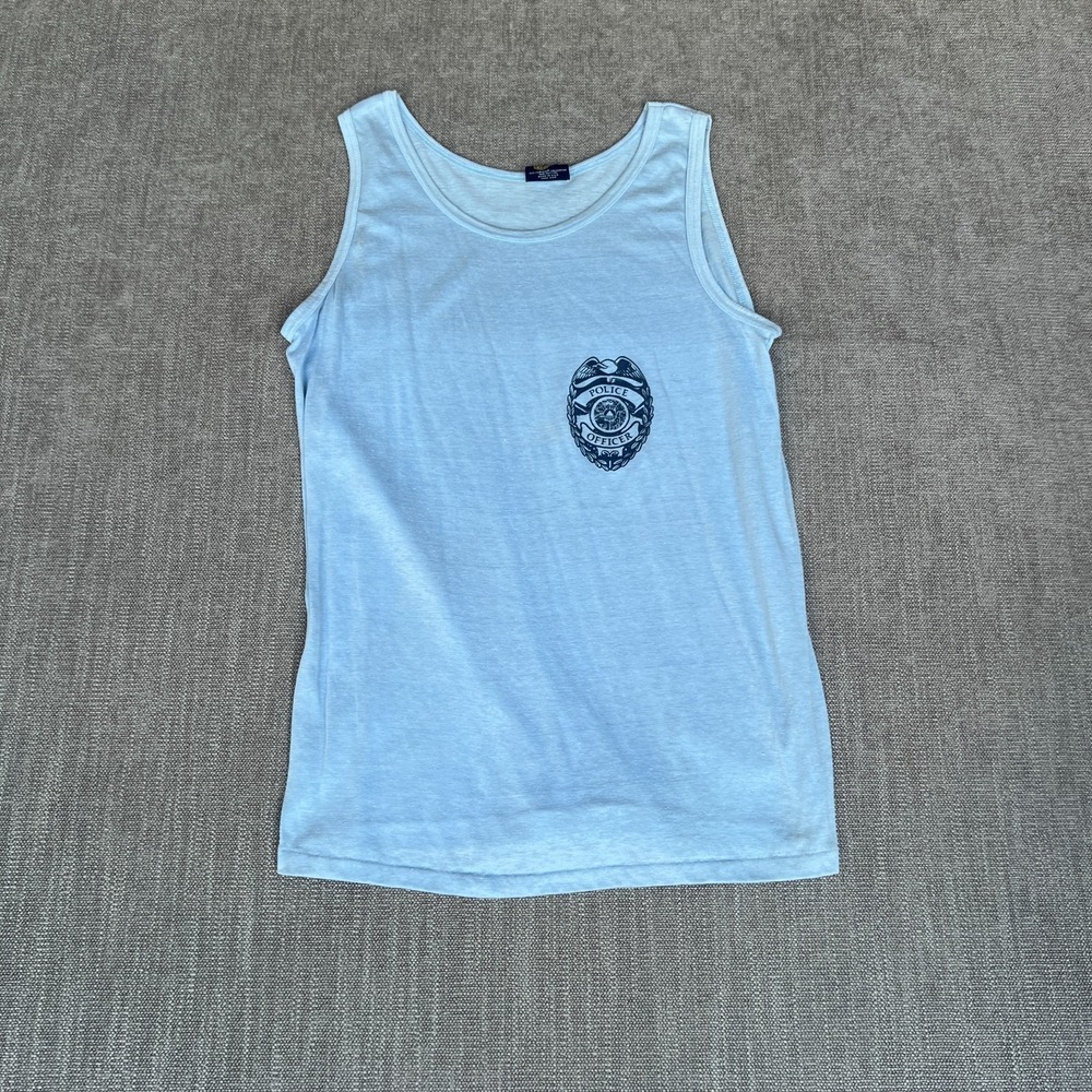Vintage Sneakers Police Officer Badge Tank Top Men L Blue Round Neck Lightweight